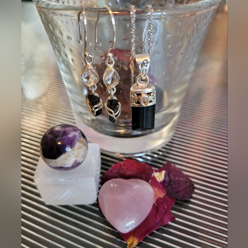 Women's Raw Black Tourmaline and Herkimer Diamond Necklace and Earring Set